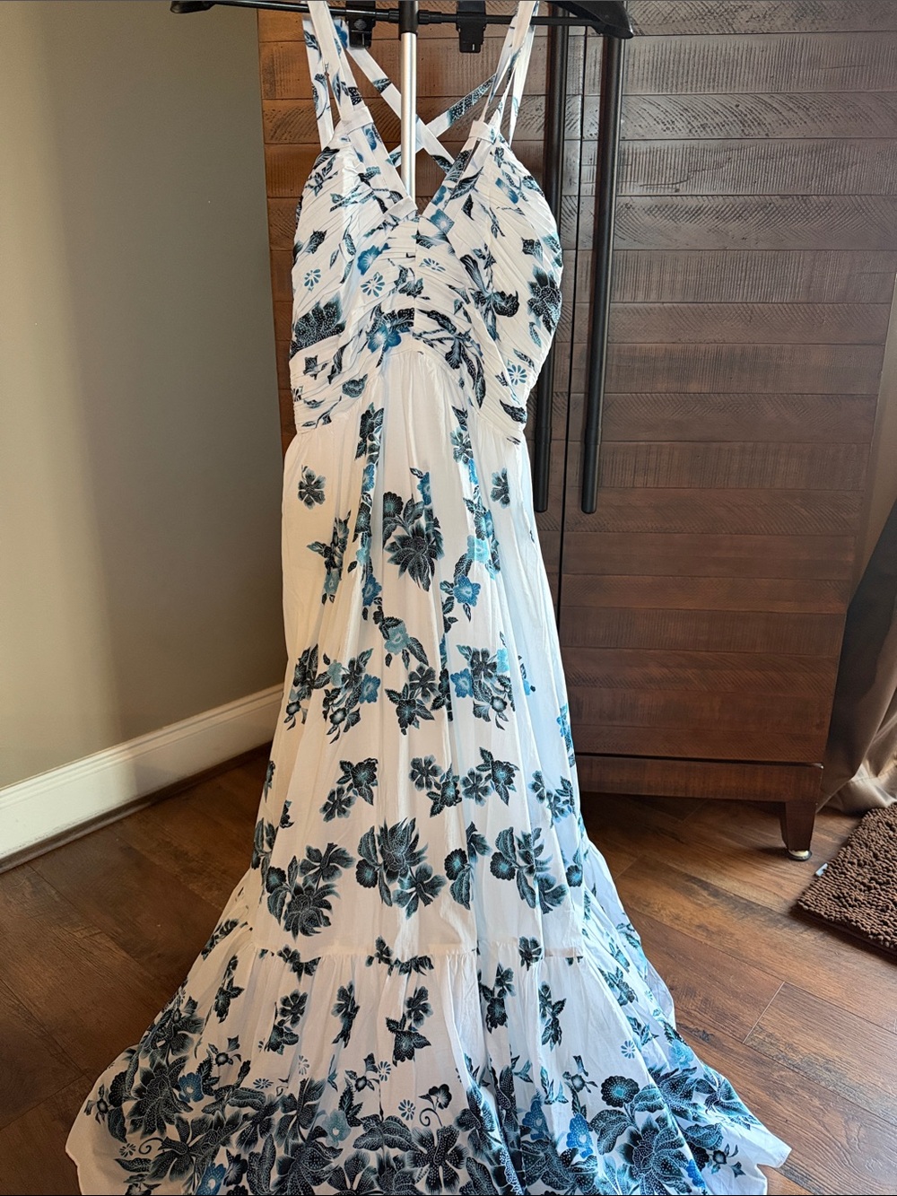 White House Black Market White Maxi Dress with Blue Floral Print